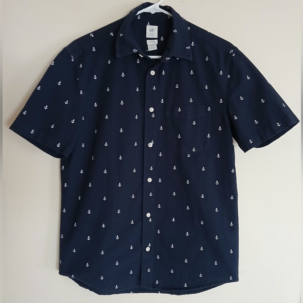 Men's H&M Navy Blue Nautical Anchor Print Button Down Cotton Shirt